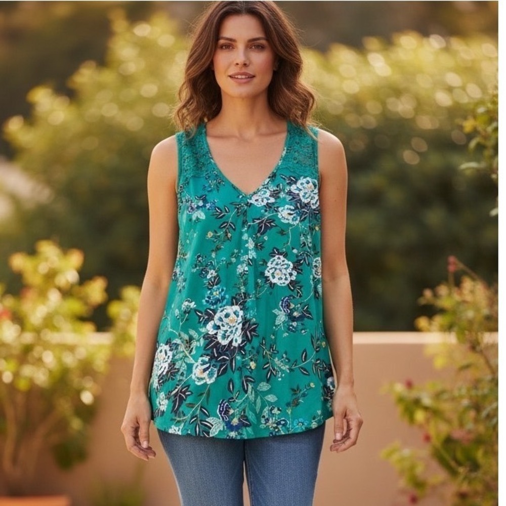 Daniel Rainn Teal Green Floral Crochet Lace Top Bohemian Feminine Botanical 1X - Picture 1 of 11